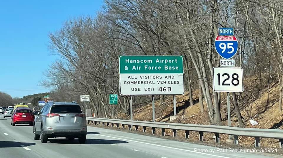 Image of auxiliary sign for MA 2A West exit with new milepost based exit number on I-95/MA 128 North in Waltham,
      by Paul Schlichtman, March 2021
