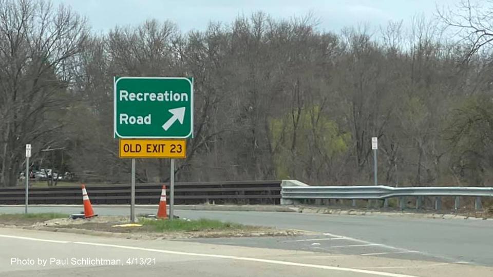 Image of advance signage for I-90/Mass Pike and MA 30 exits with new milepost based exit numbers on ramp from I-95/128 North in Newton, by Paul Schlichtman, April 2021
