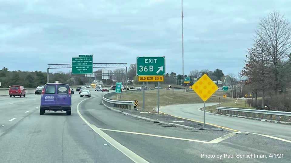 Image of gore sign for MA 9 West exit with new milepost based exit number on I-95/MA 128 South in Wellesley, by 
                                       Paul Schlichtman, April 2021