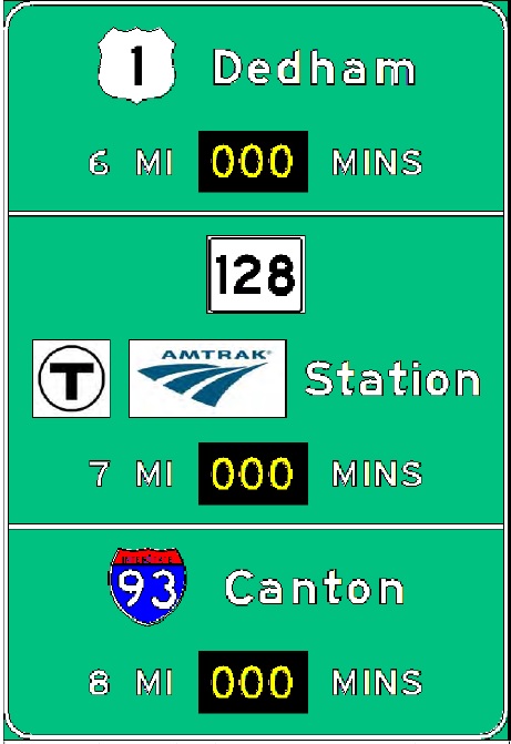 Sketch of planned RTT sign to be put up along I-95 South in Needham, from MassDOT