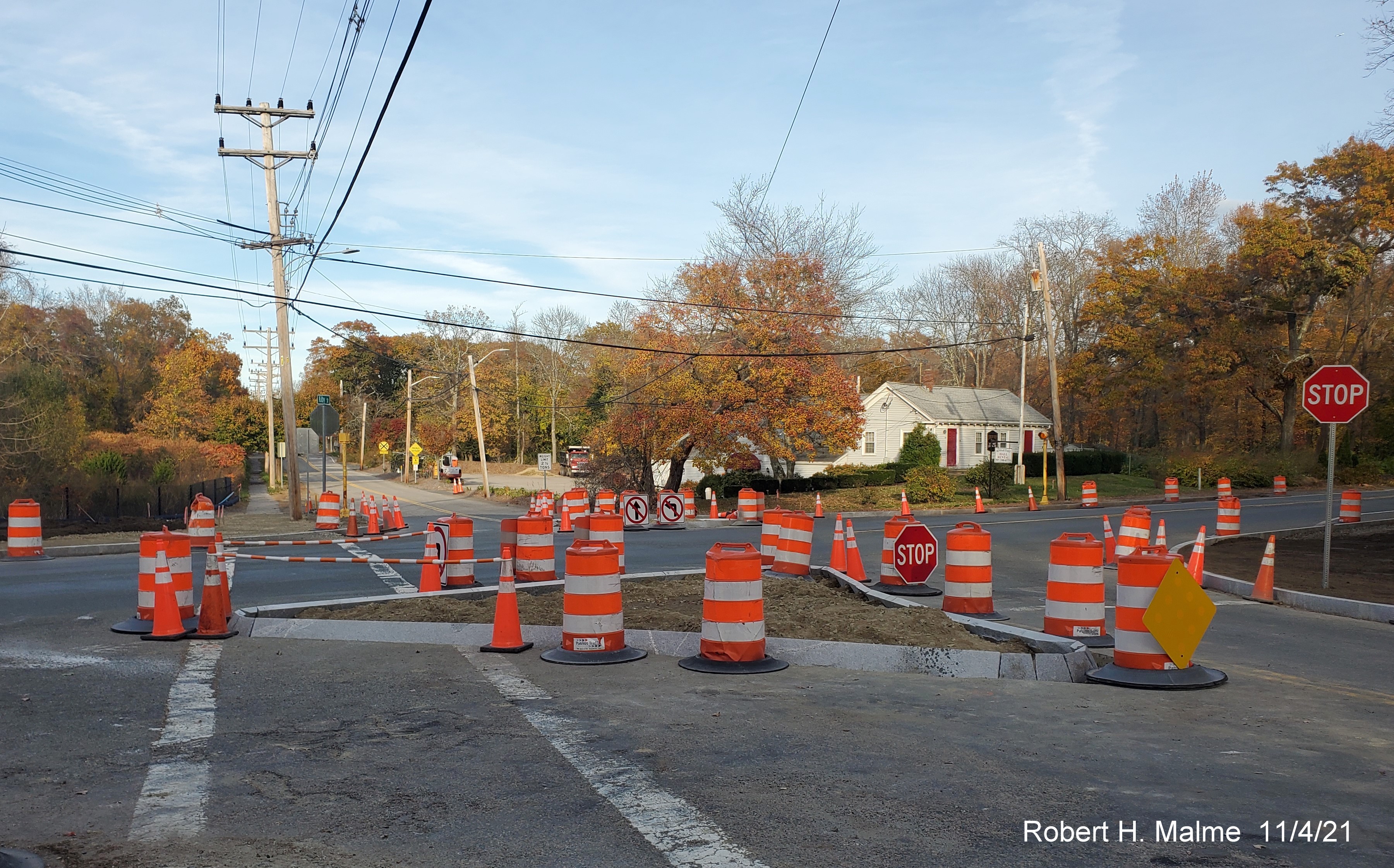 Image of new traffic island constructed to allow only right turns on Kilby Street intersection with MA 3A South in Hingham, November 2021