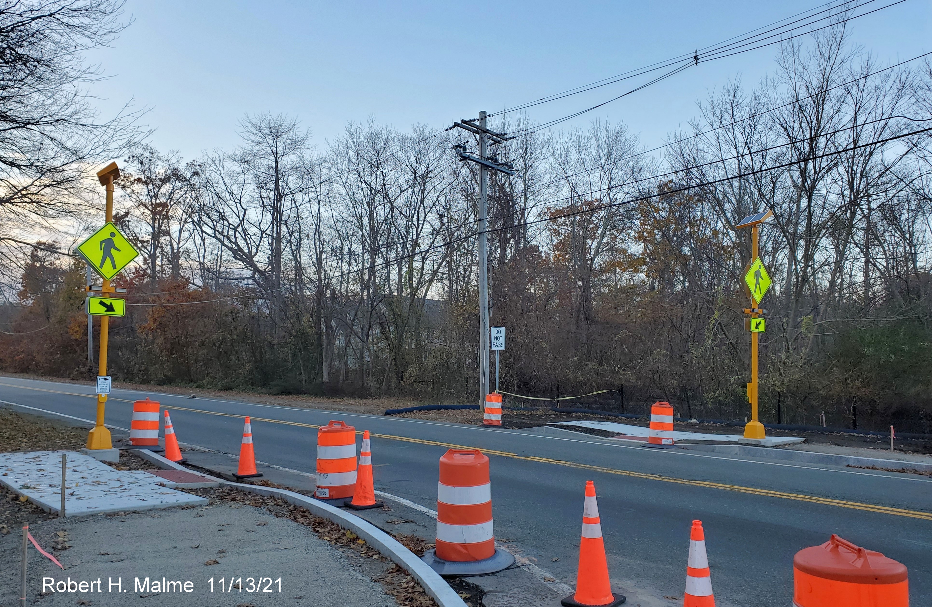 Image of new pedestrian signals installed at future crosswalk at intersection of Kilby Street and Chief Justice Cushing Highway (MA 3A) in Hingham, November 2021