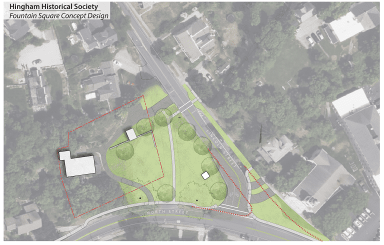 Image of planned layout of the intersection of Lincoln and North Streets from North
	Street after work is completed, Hingham Historical Society, August 2025