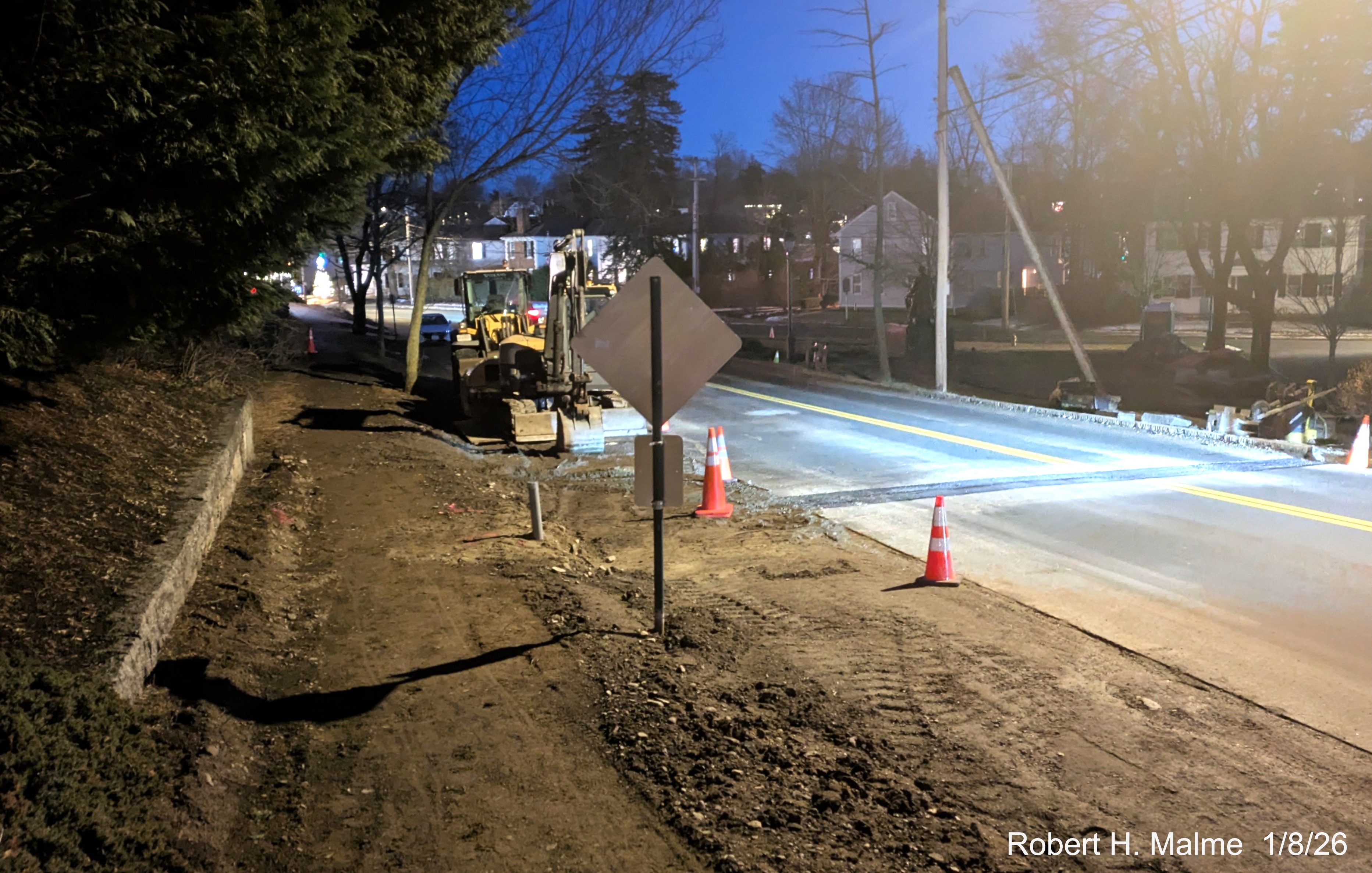 Image of construction alongside Lincoln Street looking towards North
	Street, a closer look, at the removal of sidewalk and parking spaces in the area occured, January 2026
