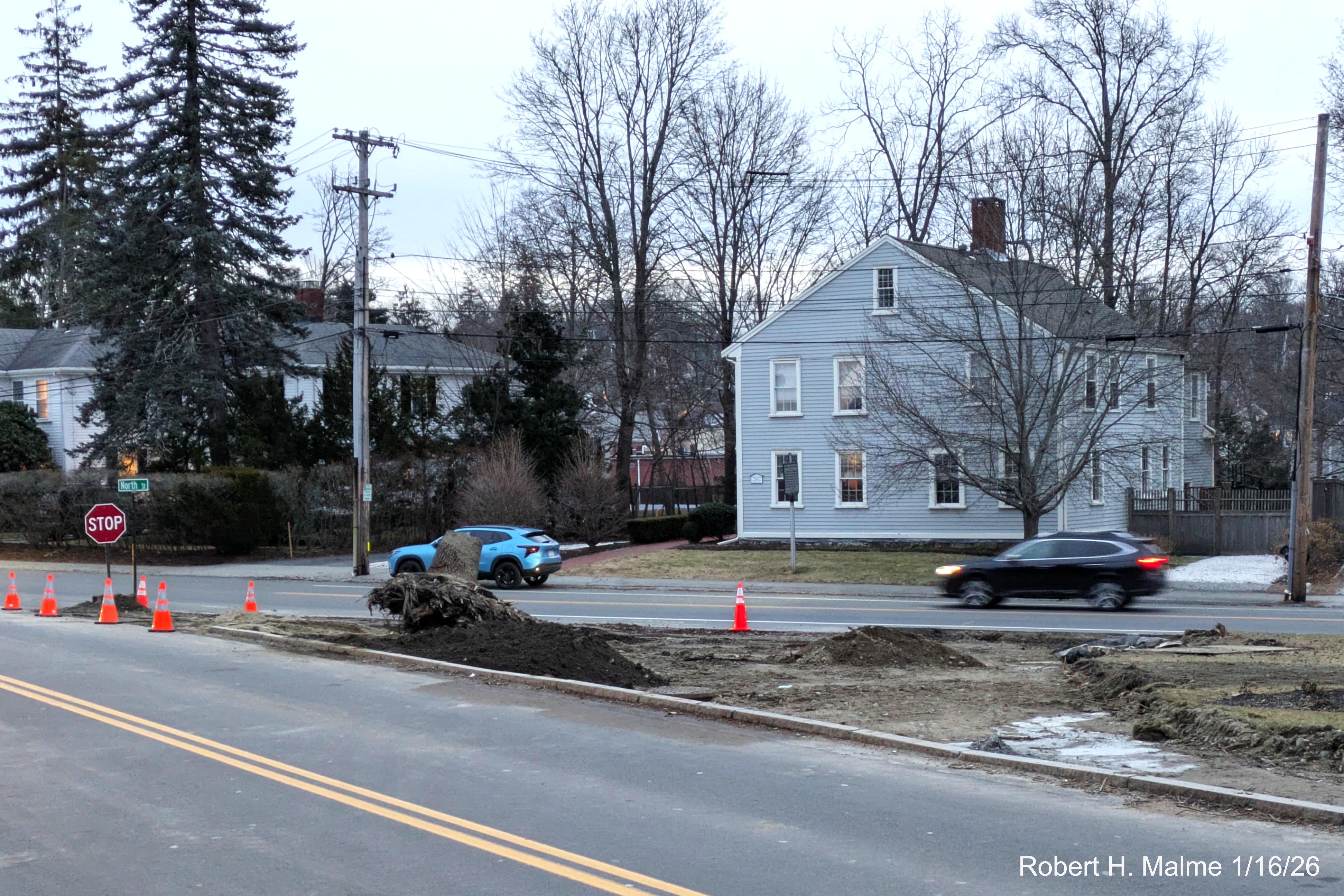 Image of stump of cut down tree at corner of Lincoln and North Streets from North
	Street, January 2026