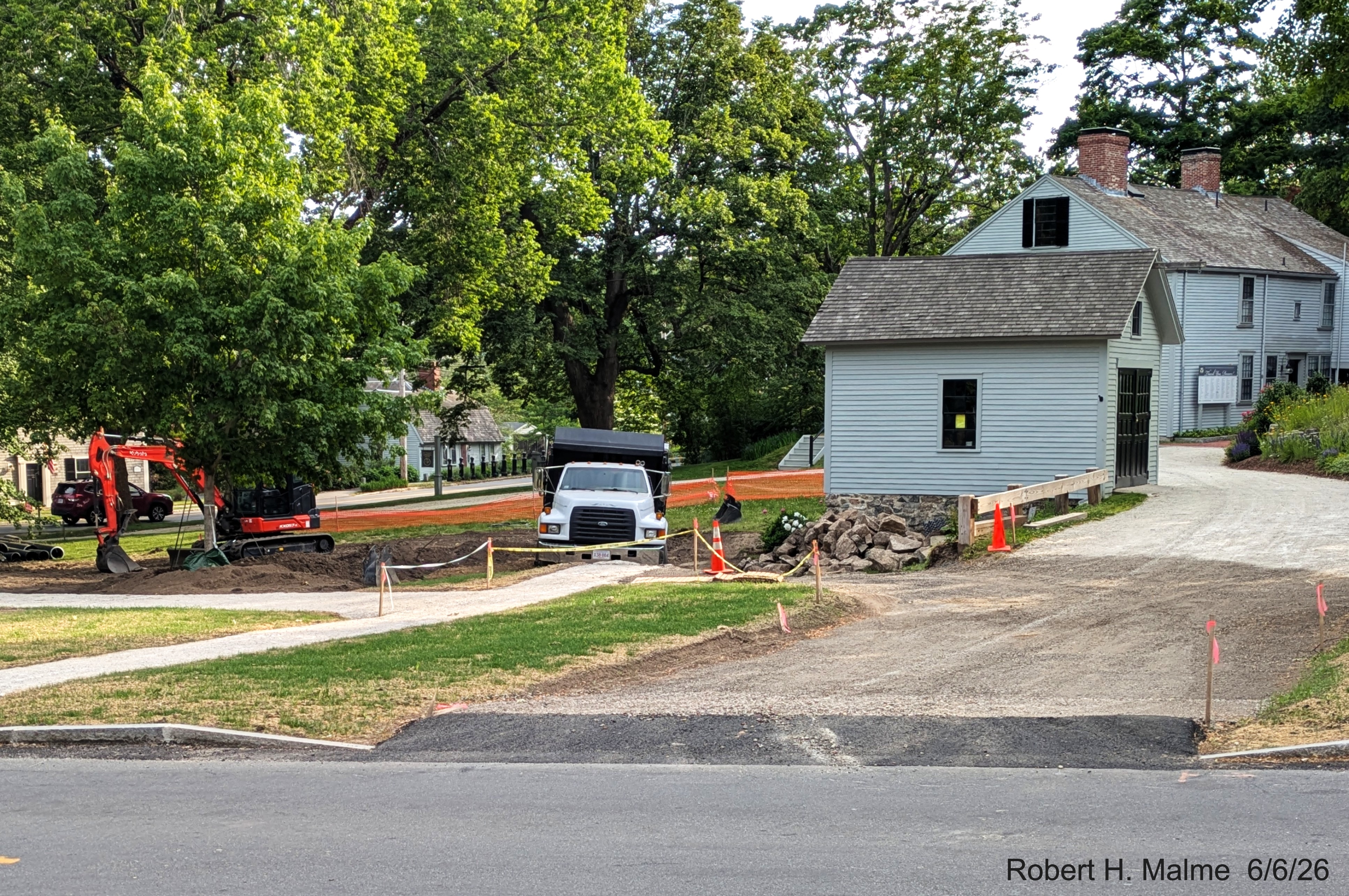 Image of taken along Lincoln Street looking south towards North Street showing the recent
	work on the Benjamin Lincoln House side, June 2026