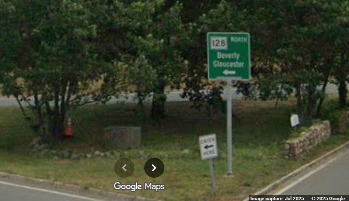 Image of new ramp guide sign for MA 128 North at Centennial Drive exit from bridge 
		in Peabody, Google Maps Street View, July 2025