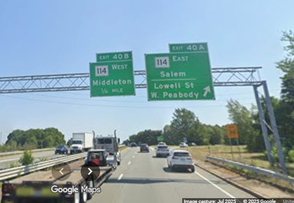 Image of new ramp and advance signs for the MA 114 exits on MA 128 North in Peabody, Google 
	Maps Street View, July 2025