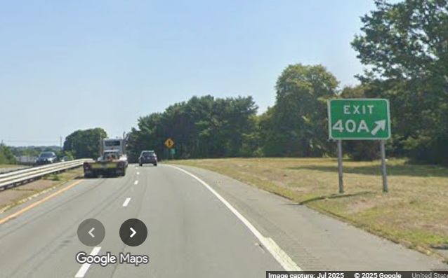 Image of new gore sign for the MA 114 East exit on MA 128 North in Peabody, Google Maps 
	Street View, July 2025