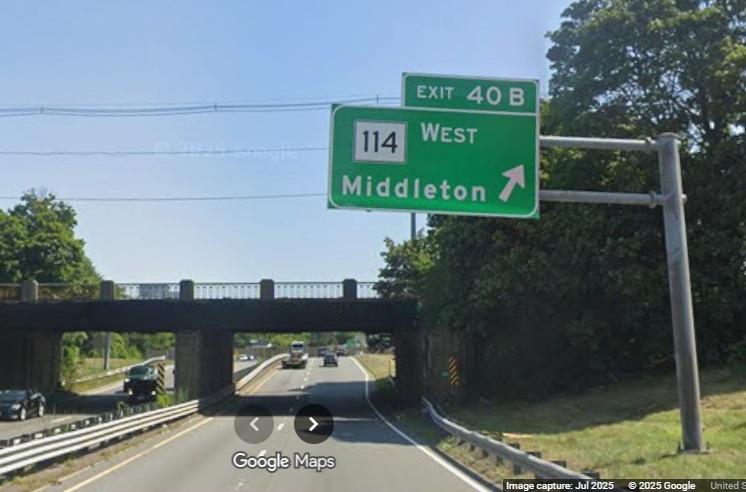 Image of new overhead ramp sign for the MA 114 West exit on MA 128 North in Peabody, 
	Google Maps Street View, July 2025