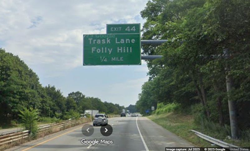 Image of new 1/4 mile overhead advance sign for the Trask Lane exit on MA 128 North 
	in Danvers, Google Maps Street View, July 2025