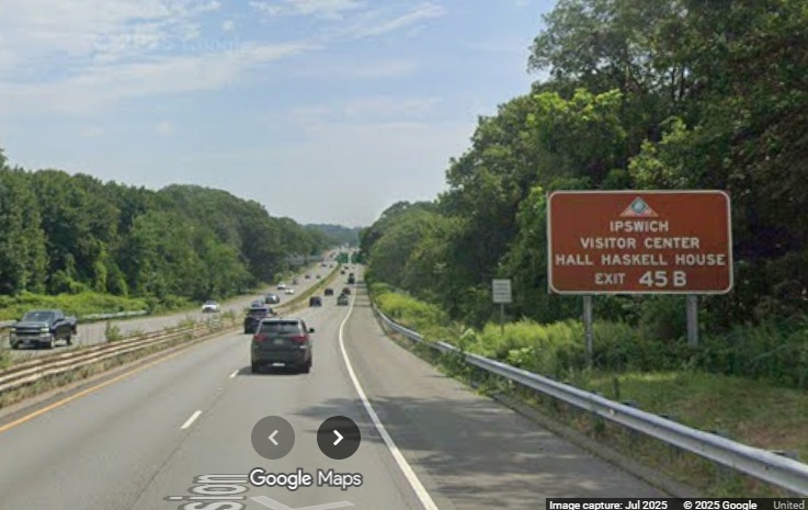 Image of new auxiliary sign for the MA 1A North exit on MA 128 North in Beverly, Google 
	Maps Street View, July 2025