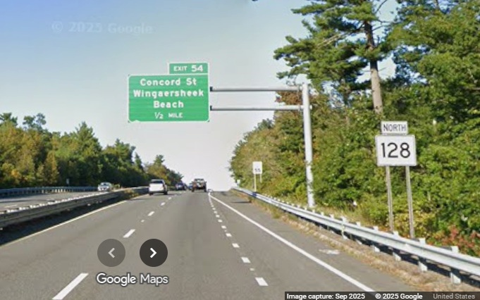 Image of new 1/2 Mile advance overhead sign for Concord Street exit on MA 128 North in 
	Gloucester, Google Maps Street View, September 2025