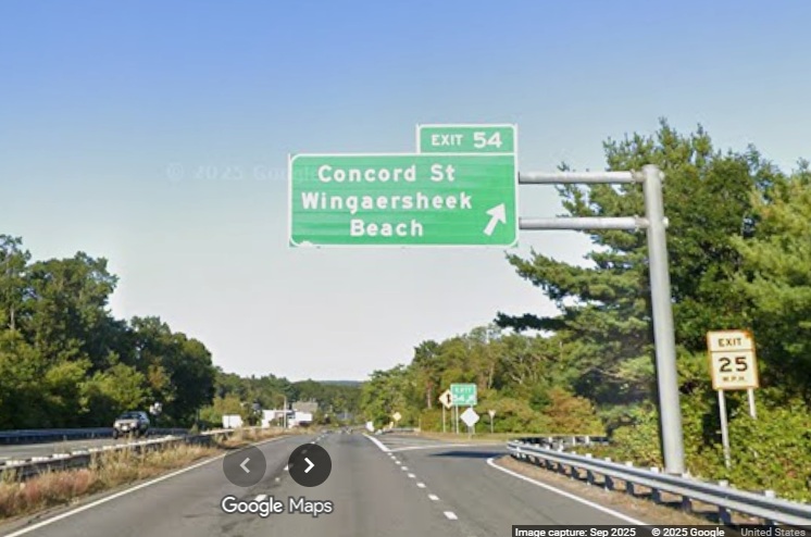 Image of new overhead ramp sign for the Concord Street exit on MA 128 North in 
	Gloucester, Google Maps Street View, September 2025