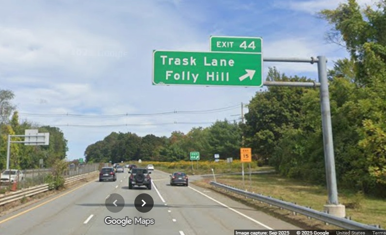 Image of new overhead sign for the Trask Lane exit on MA 128 North in Danvers, Google 
	Maps Street View, 
	September 2025