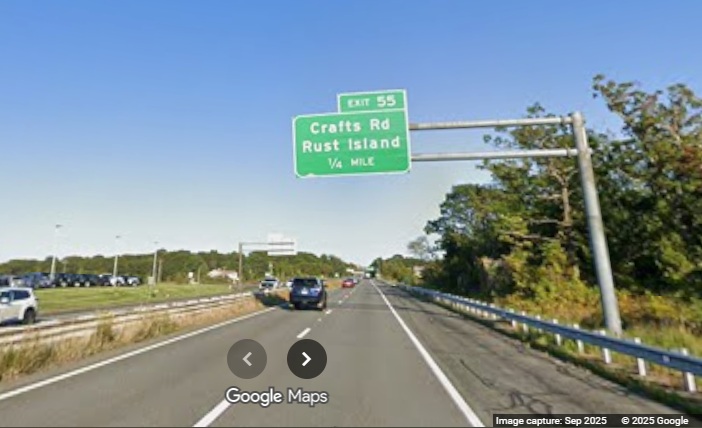 Image of new 1/4 Mile advance overhead sign for Concord Street exit on MA 128 North in 
	Gloucester, Google Maps Street View, September 2025