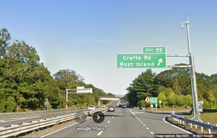 Image of new overhead ramp sign for Crafts Road exit on MA 128 North in 
	Gloucester, Google Maps Street View, September 2025