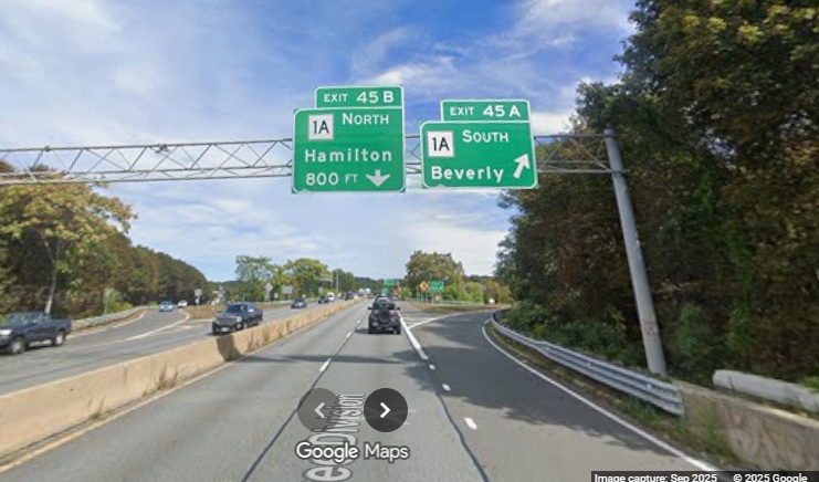 Image of new overhead ramp signs for the Route 1A exits on MA 128 North in Beverly, 
	Google Maps Street View, September 2025