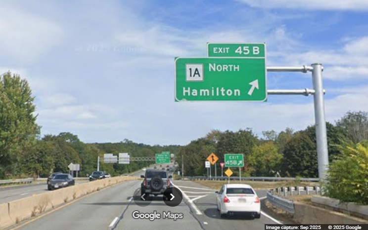 Image of new overhead ramp sign for the Route 1A North exit on MA 128 North in Beverly, 
	Google Maps Street View, September 2025
