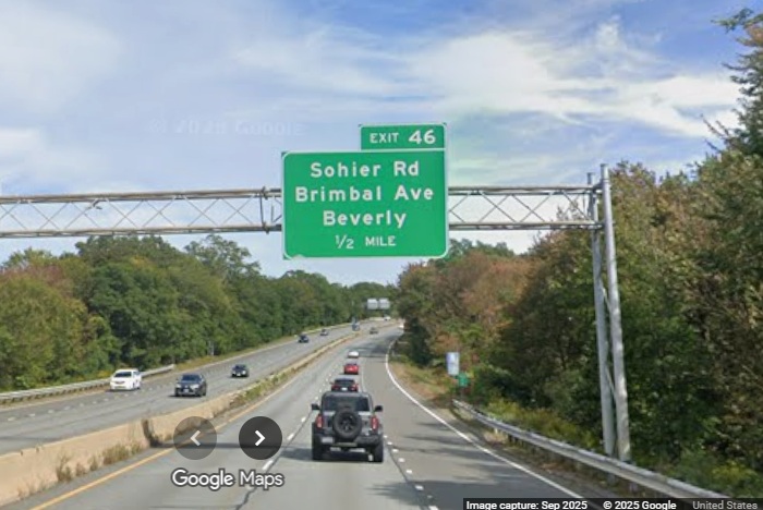 Image of new 1/2 Mile advance sign for the Sohier Road/Brimbal Avenue exit on MA 128
	in Beverly, Google Maps Street View, September 2025