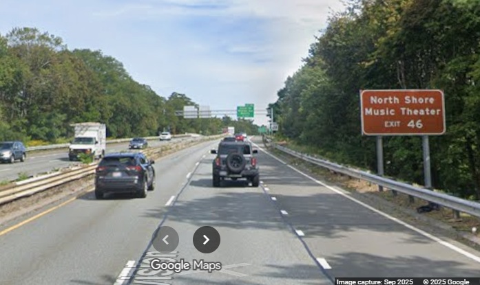 Image of new auxiliary sign for the Sohier Road/Brimbal Avenue exit on MA 128 North in 
	Beverly, Google Maps Street View, September 2025