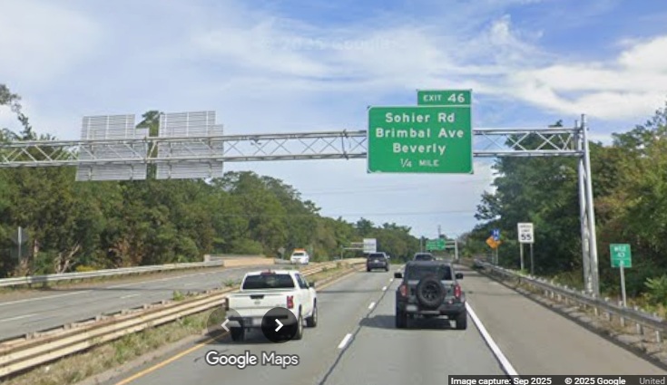 Image of new 1/4 Mile advance sign for the Sohier Road/Brimbal Avenue exit on MA 128 North
	in Beverly, Google Maps Street View, September 2025