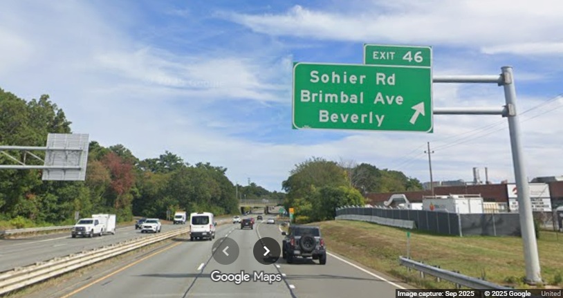 Image of new overhead ramp sign for the Sohier Road/Brimbal Avenue exit on MA 128 North
	in Beverly, Google Maps Street View, September 2025
