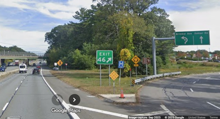 Image of new gore sign for the Sohier Road/Brimbal Avenue exit on MA 128 North in Beverly, 
	Google Maps Street View, September 2025