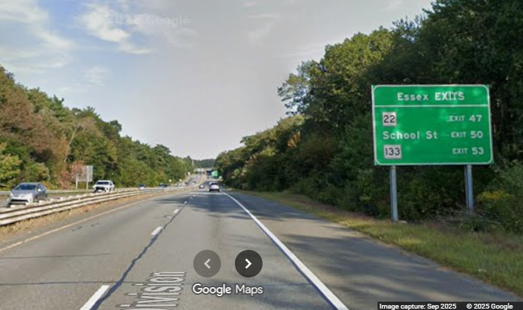 Image of new auxiliary mileage sign for the Essex exits in Beverly on MA 128 North, 
	Google Maps Street View, September 2025