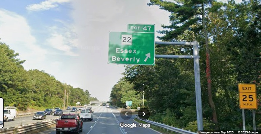 Image of new MA 22 overhead ramp sign on MA 128 North in Beverly, 
	Google Maps Street View, September 2025