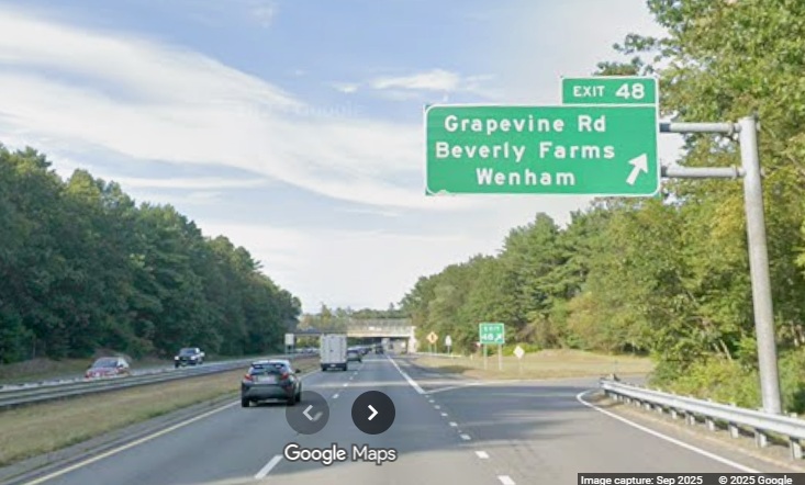 Image of new overhead ramp sign for Grapevine Road exit on MA 128 North in Wenham, 
	Google Maps Street View, September 2025
