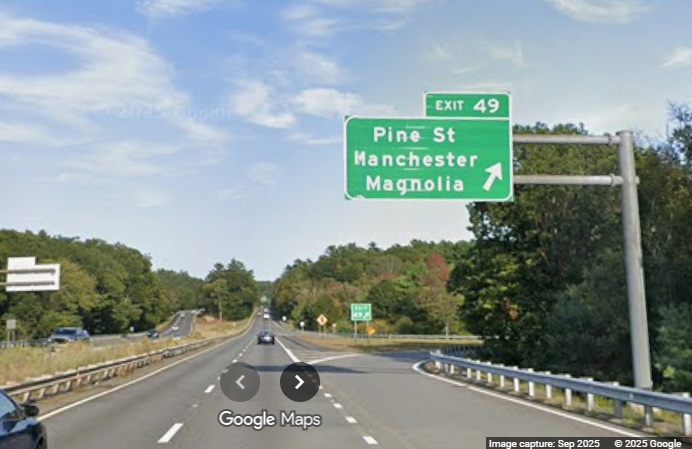 Image of new overhead ramp sign for Pine Street exit on MA 128 North in 
	Manchester-by-the-Sea, Google Maps Street View, September 2025