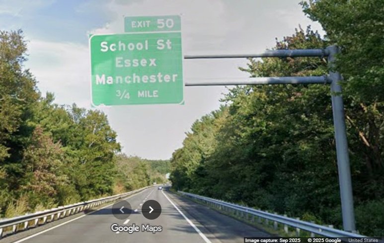 Image of new 3/4 Mile overhead sign for School Street exit on MA 128 North in 
	Manchester-by-the-Sea, Google Maps Street View, September 2025