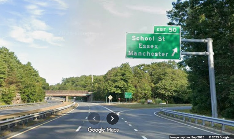 Image of new overhead ramp sign for School Street exit on MA 128 North in 
	Manchester-by-the-Sea, Google Maps Street View, September 2025