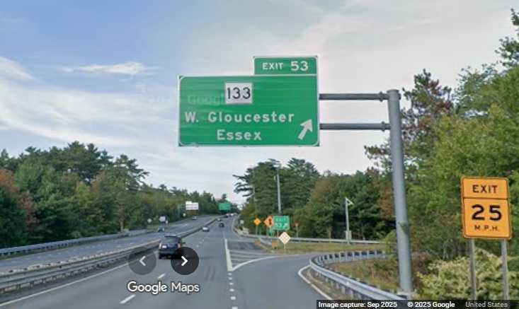 Image of new 1 Mile overhead sign for MA 133 exit on MA 128 North in 
	Gloucester, Google Maps Street View, September 2025
