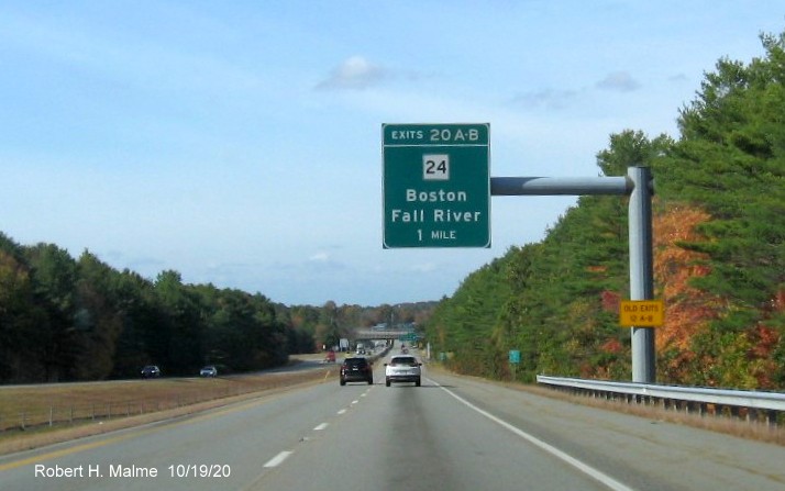 Image of first sign with new milepost exit number for MA 24 exits on MA 140 North in Taunton, October 2020