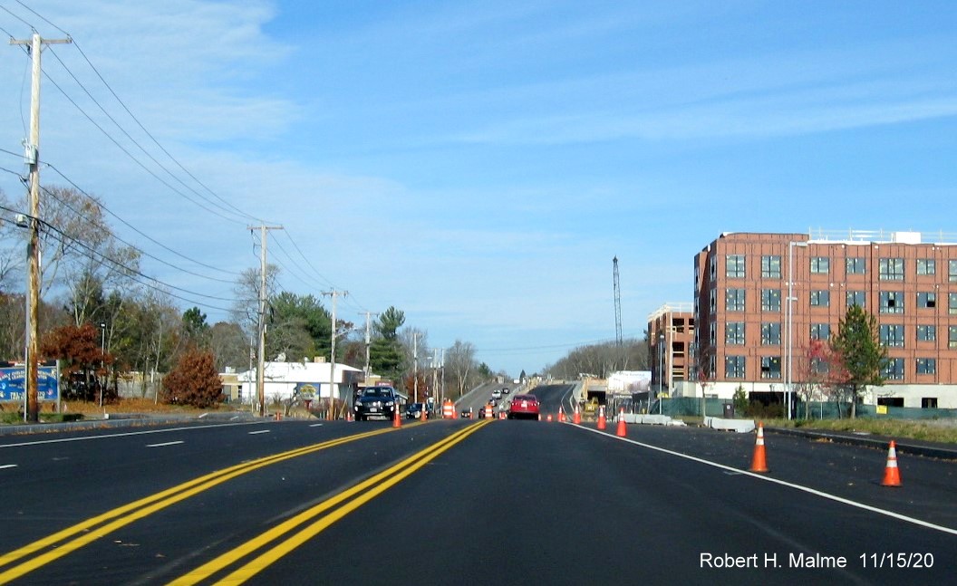 Image of nearly completed 4-lane widened MA 18 highway between MA 58 intersection and Trotter Road in South Weymouth, November 2020