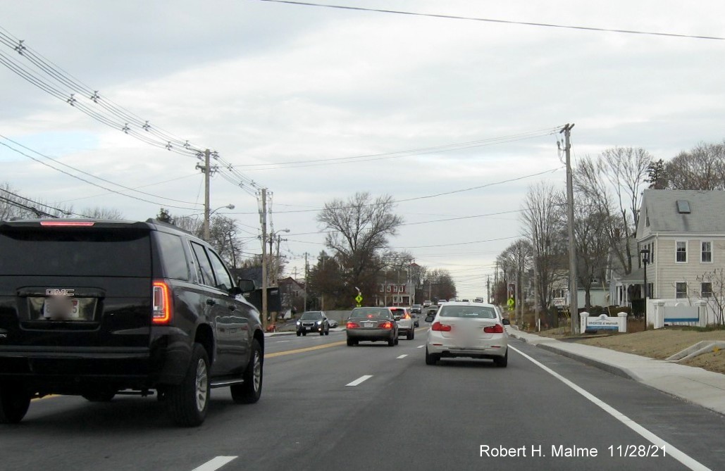 Image of view looking north along MA 18 after Columbian Square in Weymouth on completed widened roadway, November 2021