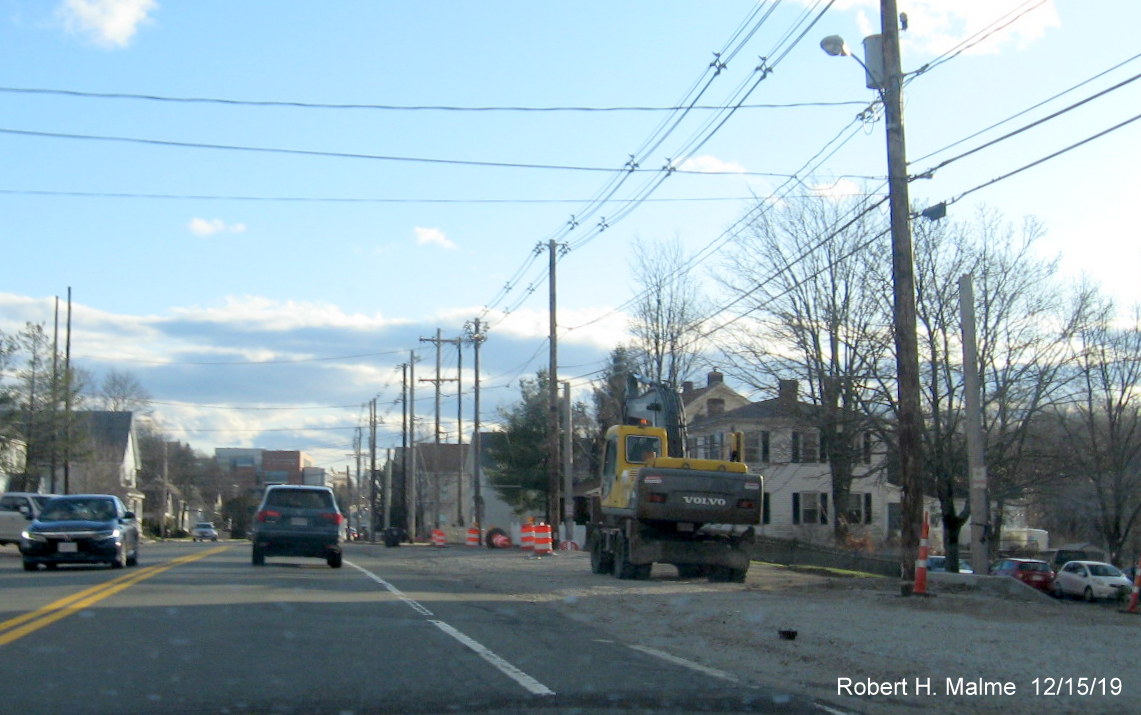 Image of construction equipment in future MA 18 north lane as part of Weymouth widening project in Dec. 2019
