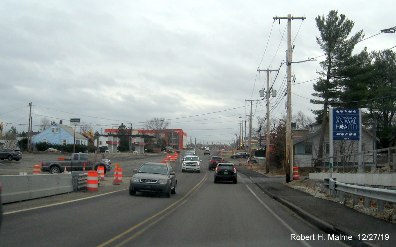 Image of MA 18 widening project progress from bottom of south side of commuter railroad bridge in South Weymouth in Dec. 2019