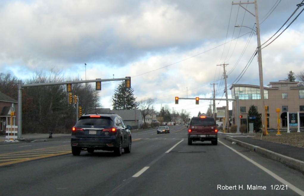 Image of widened 4-lane MA 18 northbound in South Weymouth at the Shea Blvd. intersection, January 2021
