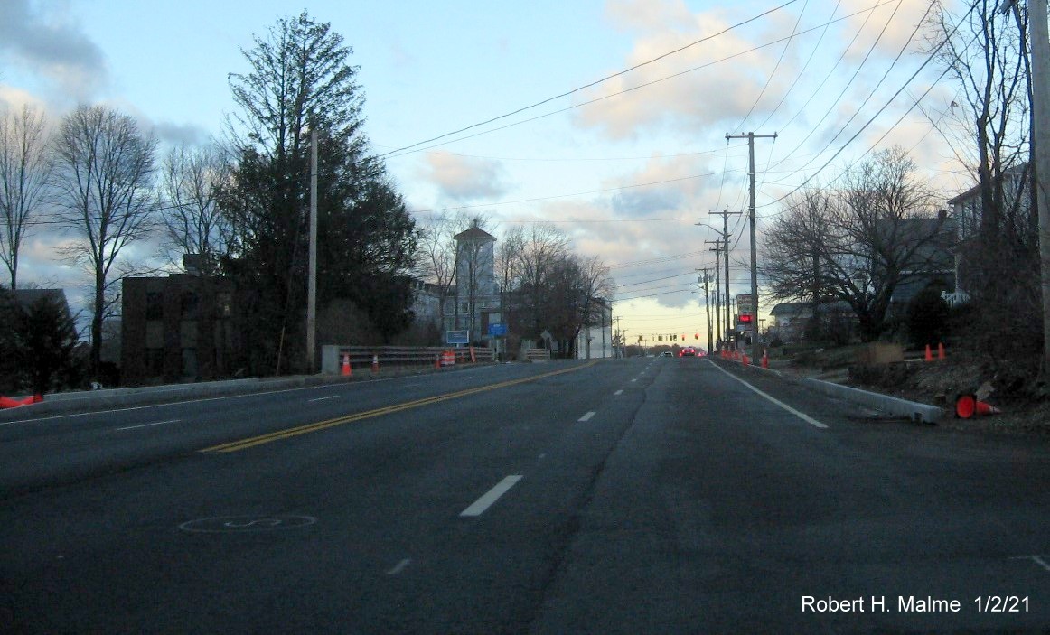 Image of widened 4-lane MA 18 northbound in South Weymouth approaching the Middle Street intersection, January 2021