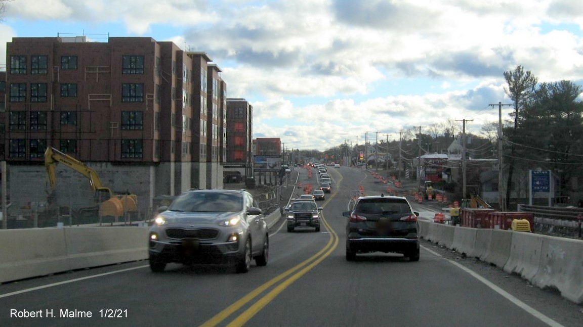 Image of view looking south from top of incomplete commuter railroad bridge in South Weymouth, January 2021