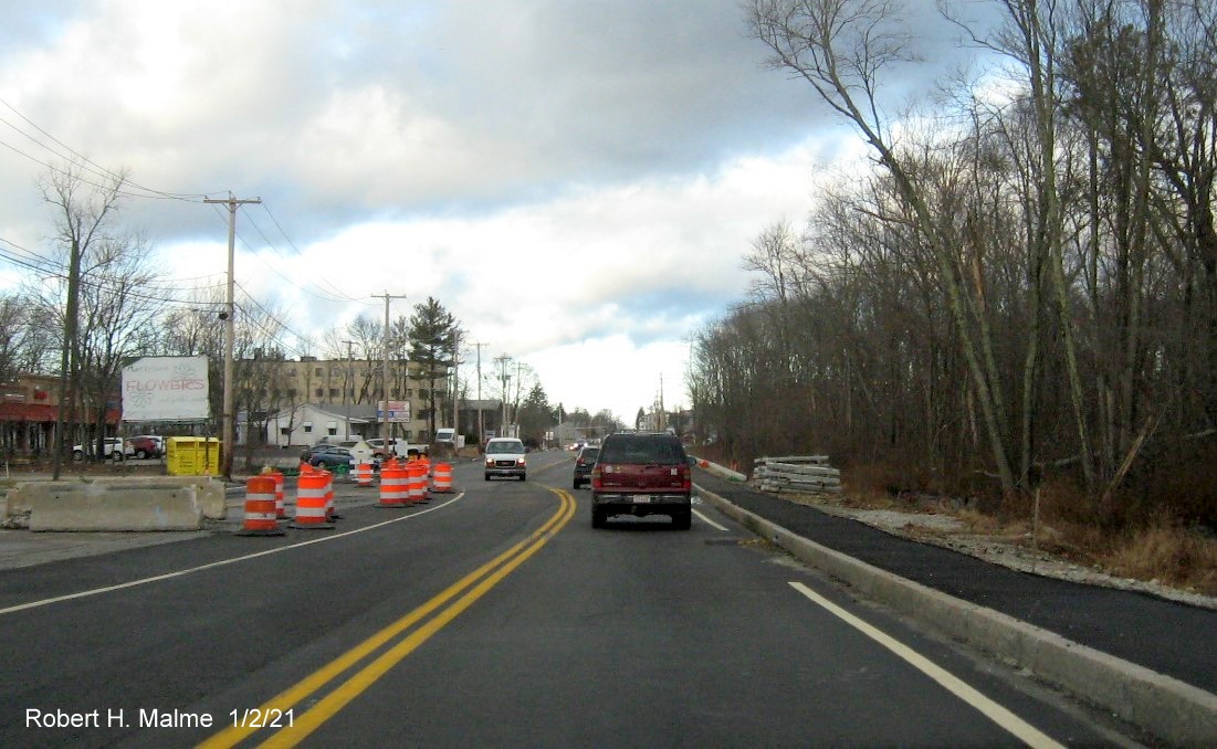 Image of widened 4-lane MA 18 northbound in South Weymouth after the commuter
                                      railroad bridge, January 2021