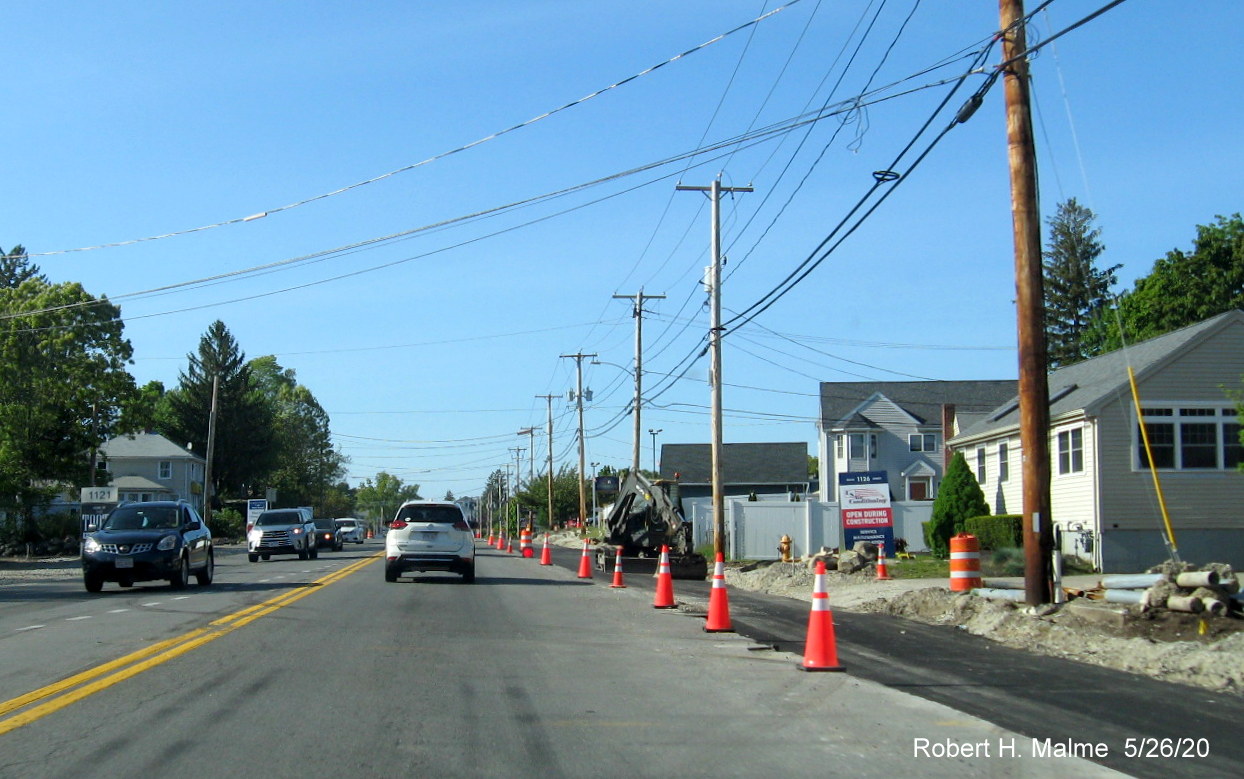 Image of new pavement placed along MA 18 North lanes between Shea Boulevard and Pleasant Street as part of widening project, May 2020