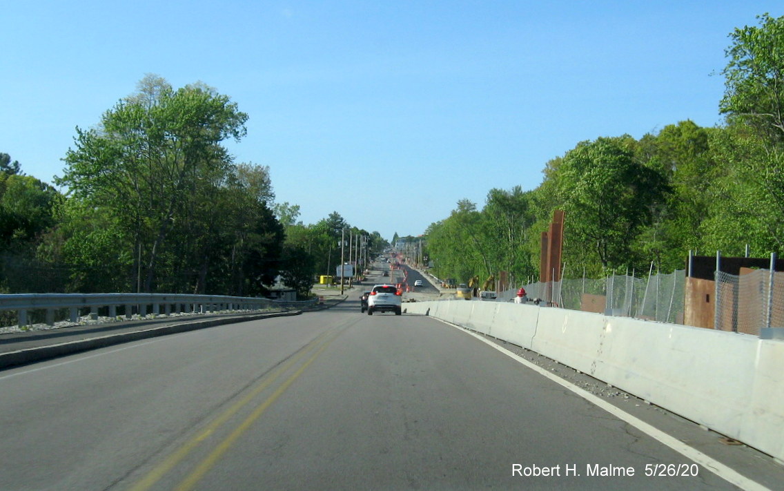 Image looking north from commuter rail bridge on MA 18 showing widening project progress, May 2020