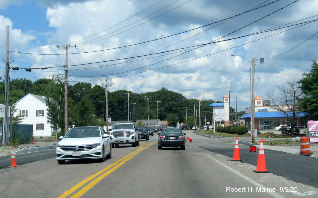 Image of end of newly tarred future lanes along MA 18 as part of widening project at Abington/Weymouth border, August 2020