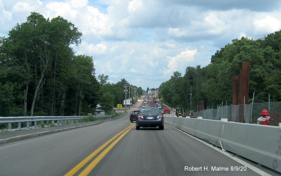 Image looking north along Route 18 from top of commuter railroad bridge on widening project construction in South Weymouth, August 2020