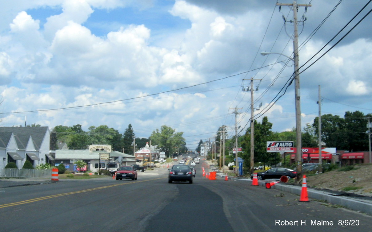 Image of new paved section of MA 18 North in widening project work zone near the 99 Restaurant in South Weymouth, August 2020