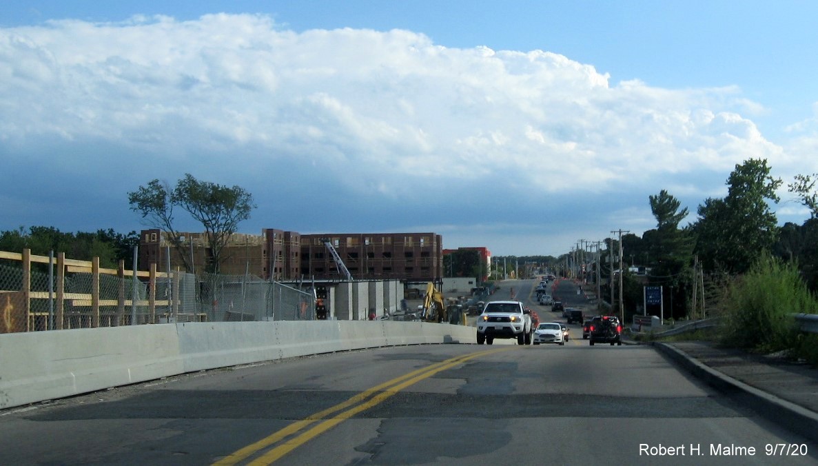 Image of MA 18 South from top of commuter railroad bridge in South Weymouth in widening project work zone, September 2020